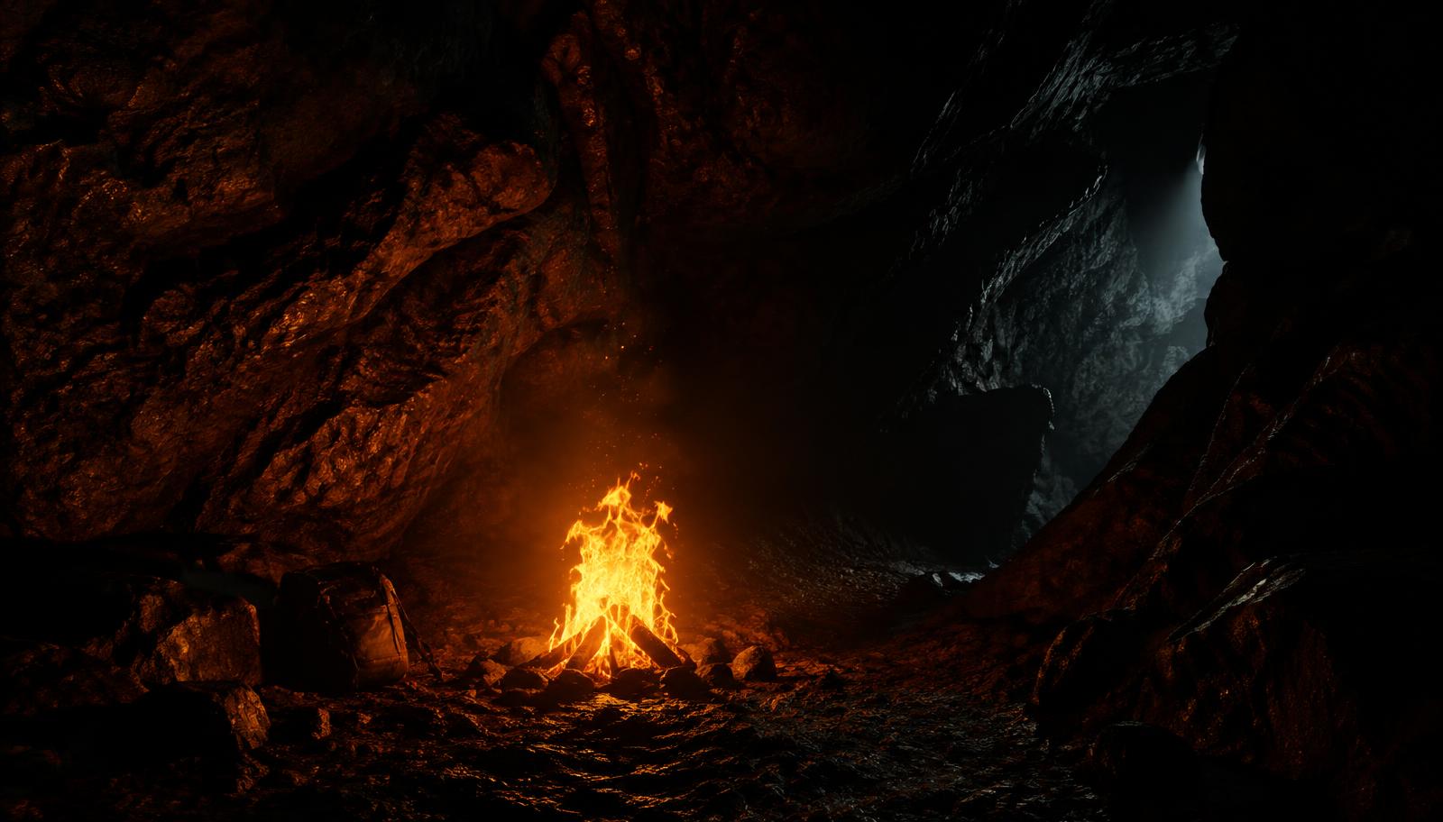 Ilustração de atmosfera (não é captura do jogo) de uma fogueira dentro de uma caverna vulcânica