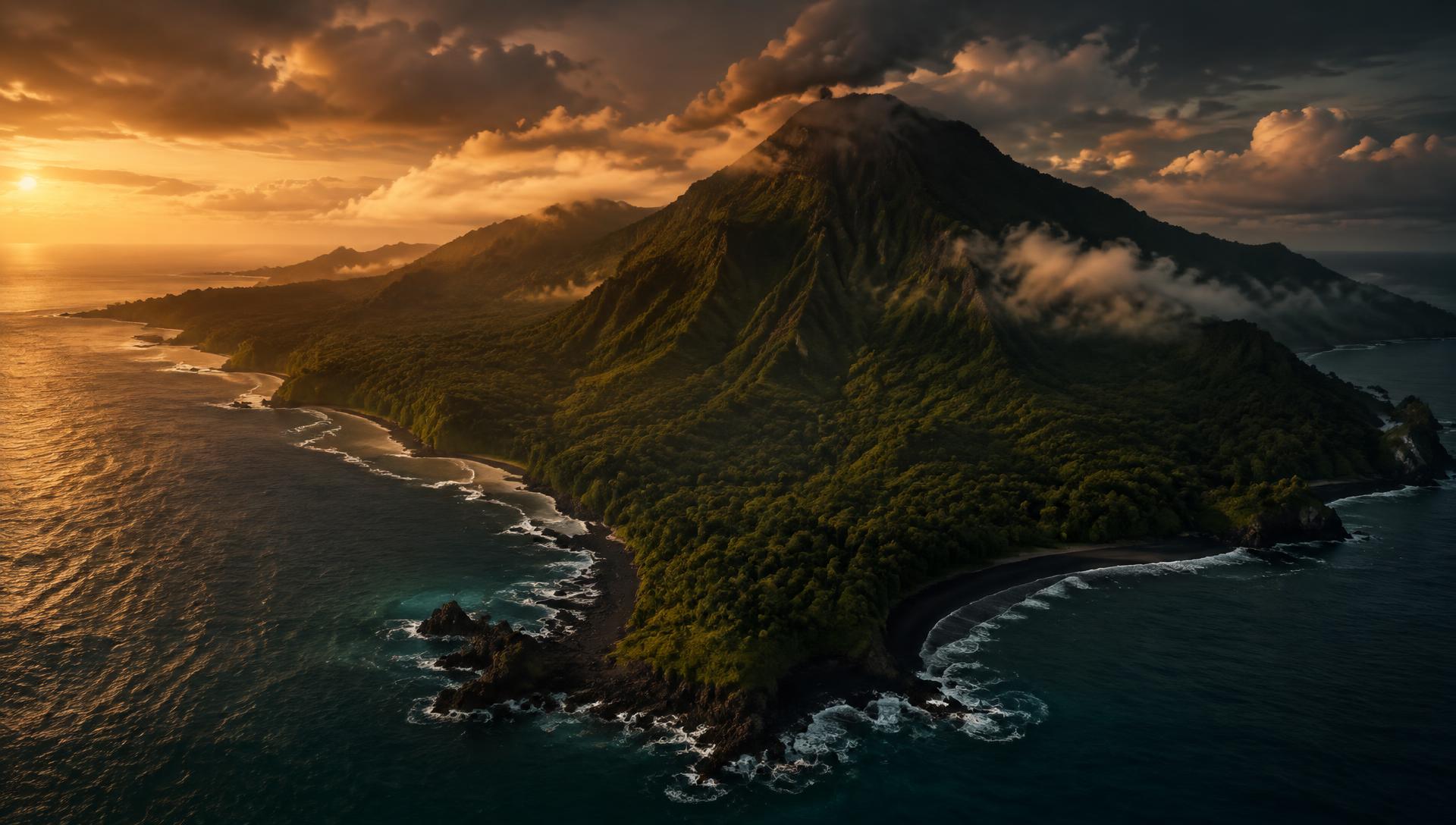 Ilha vulcânica de Greenfall vista sobre a costa ao pôr do sol