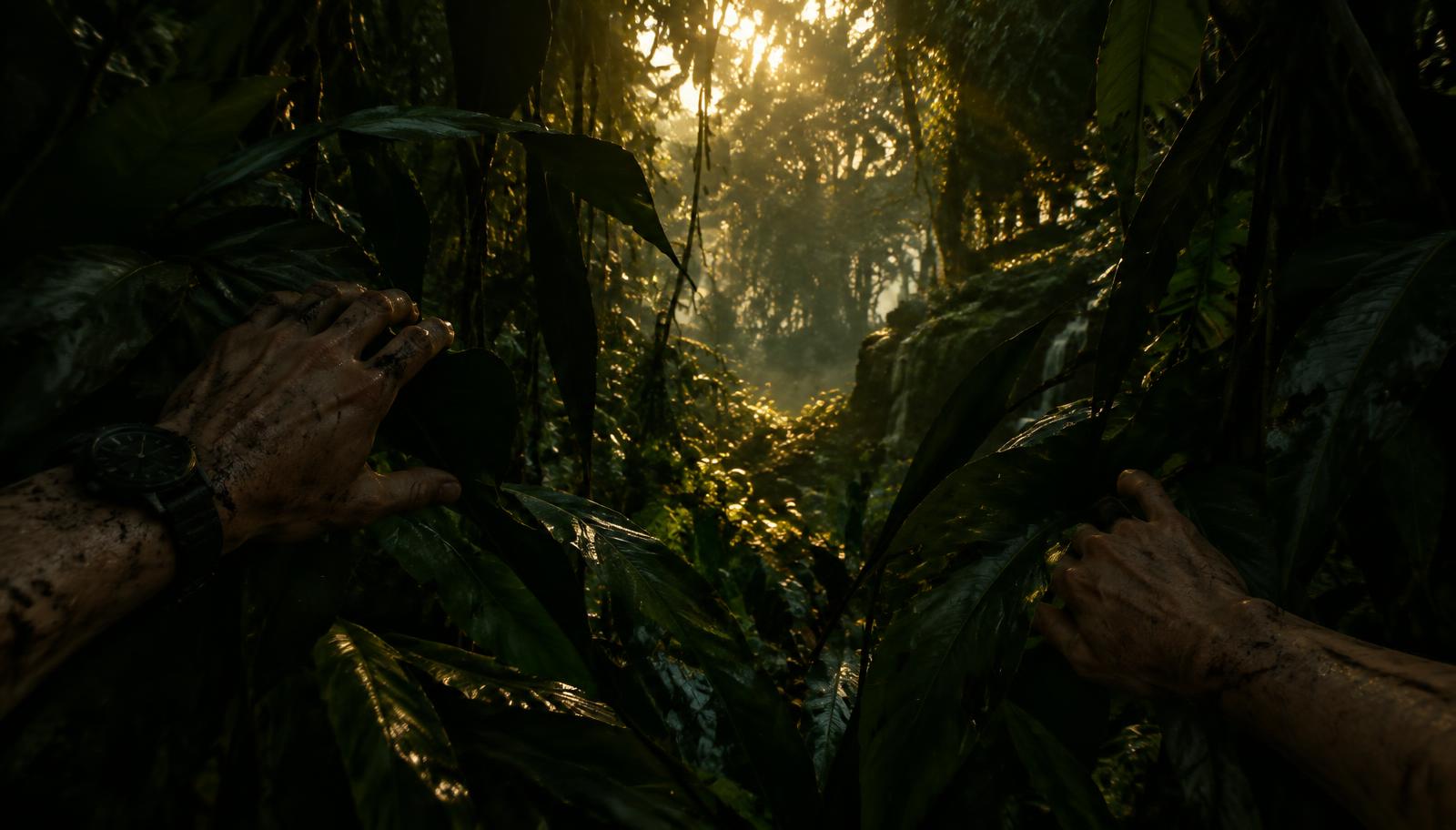 Ilustração de atmosfera (não é captura do jogo) da exploração em primeira pessoa na selva de Greenfall