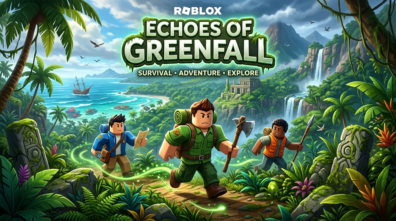 Arte promocional enviada para a beta Roblox de Echoes of Greenfall: sobreviventes numa ilha tropical